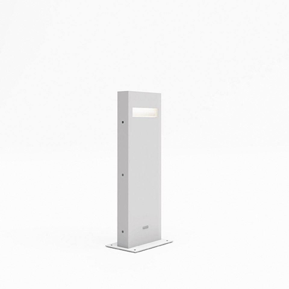 Artemide Nuda outdoor bollard light: slim white rectangular post with horizontal LED strip, mounted on a square base plate