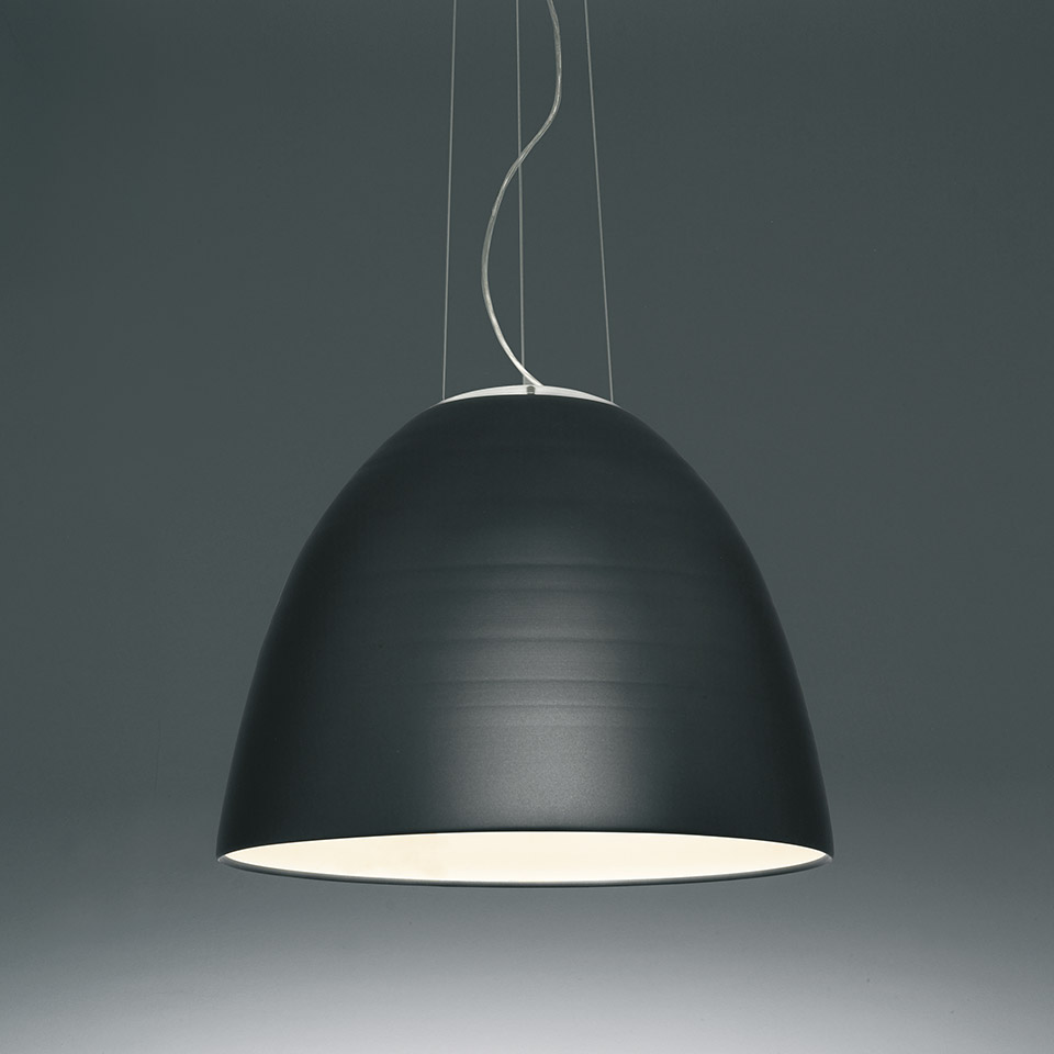 Artemide Nur 1618 pendant lamp with large dark grey dome-shaped shade, white interior, suspended by thin cables