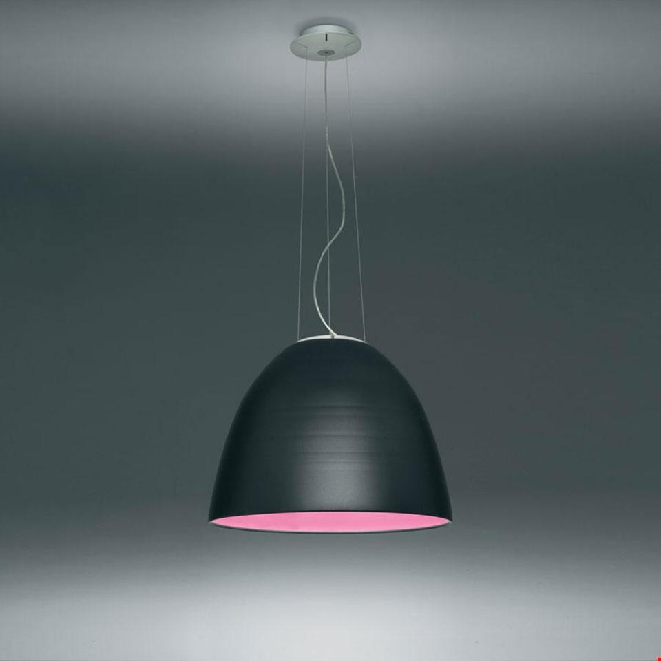 Artemide Nur pendant lamp: large dome-shaped shade in matte black exterior with vibrant pink interior, suspended by thin cables - 2
