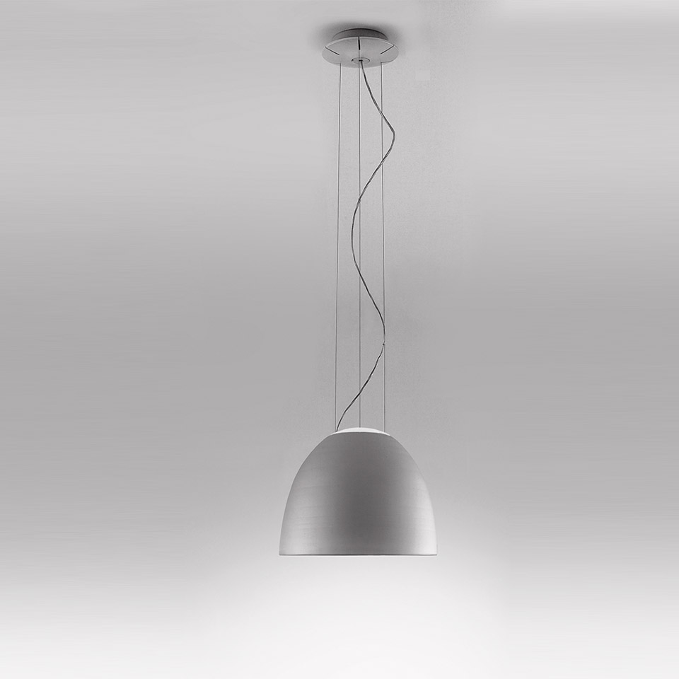 Artemide Nur Mini pendant lamp, dome-shaped grey aluminium shade suspended by steel cables and a twisted cord from a ceiling rose