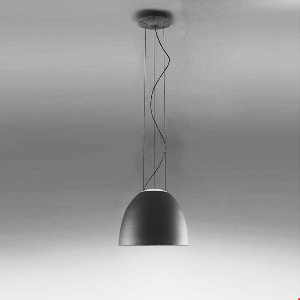 Artemide Nur Mini pendant lamp, dark anthracite dome-shaped shade suspended by thin black cables from a ceiling canopy