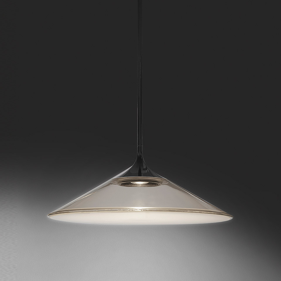 Artemide Orsa pendant lamp with wide conical transparent glass shade over white diffuser, suspended by black cord