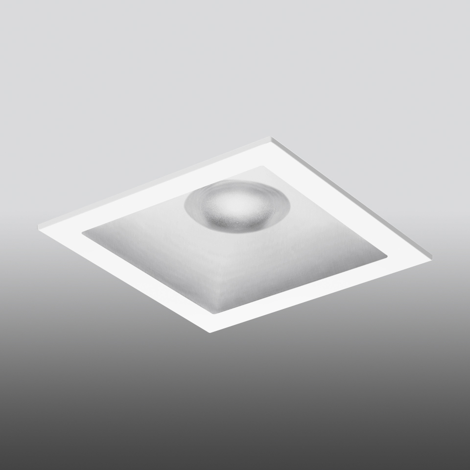 Artemide Parabola 100 square recessed ceiling light with white frame, parabolic reflector, and central LED source