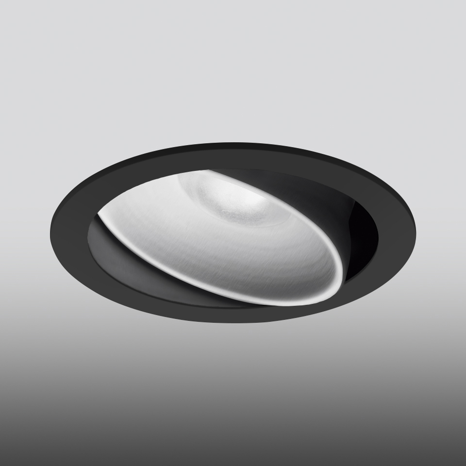 Artemide Parabola 100 recessed ceiling spotlight with black circular trim and adjustable white parabolic reflector
