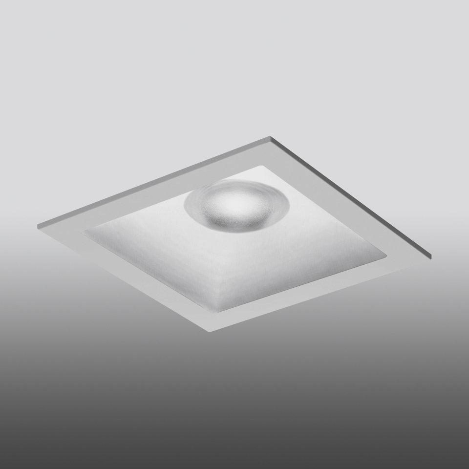 Artemide Parabola 100 square recessed ceiling light in white, featuring a central LED source within a deep parabolic reflector