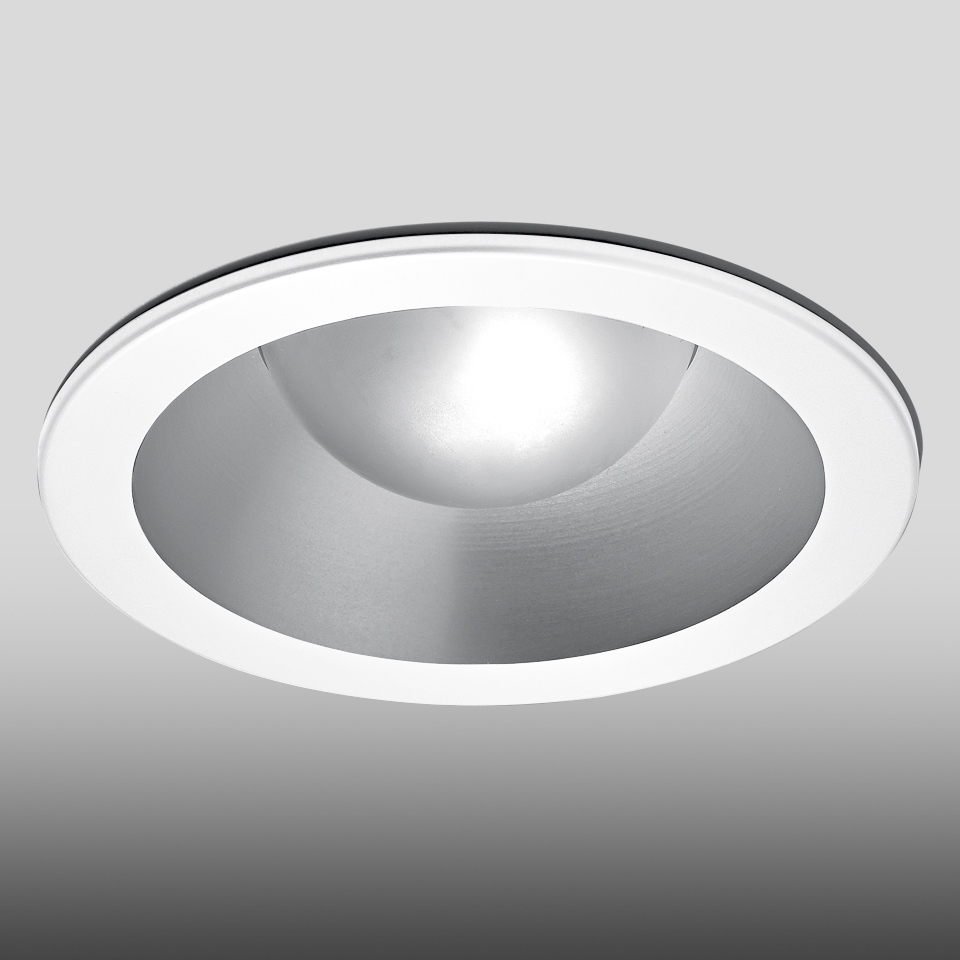 Artemide Parabola 80 recessed ceiling downlight with white circular trim and brushed silver parabolic reflector emitting focused LED light