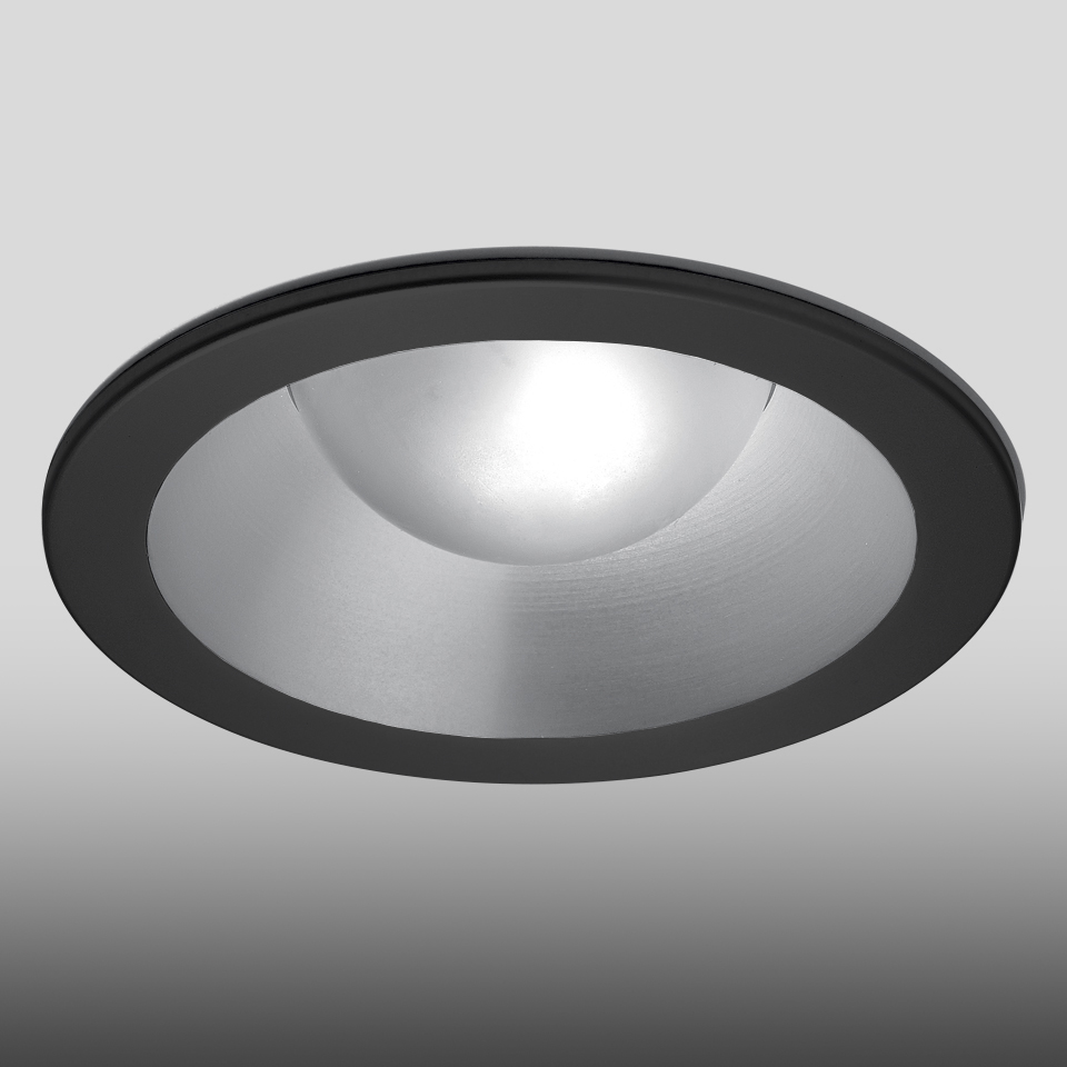 Artemide Parabola 80 recessed ceiling downlight with black outer ring and brushed silver parabolic reflector with LED source