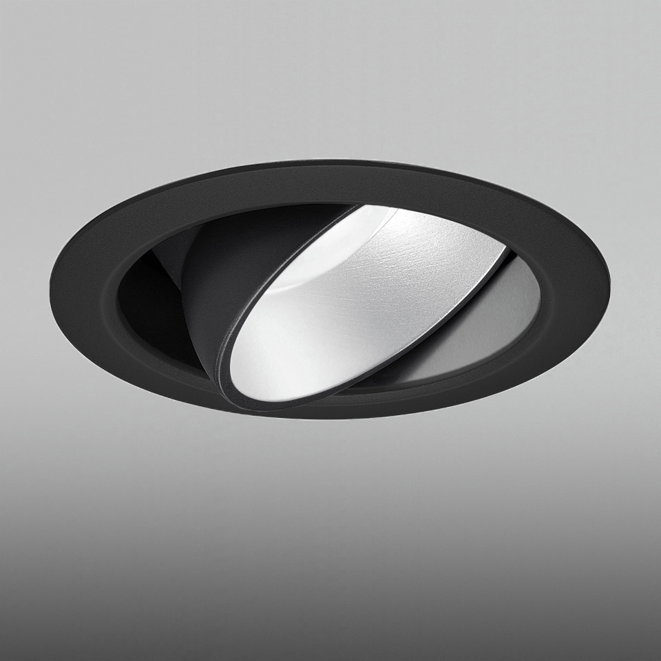 Artemide Parabola 80 recessed ceiling spotlight with black circular trim and adjustable tilted silver reflector for directional lighting