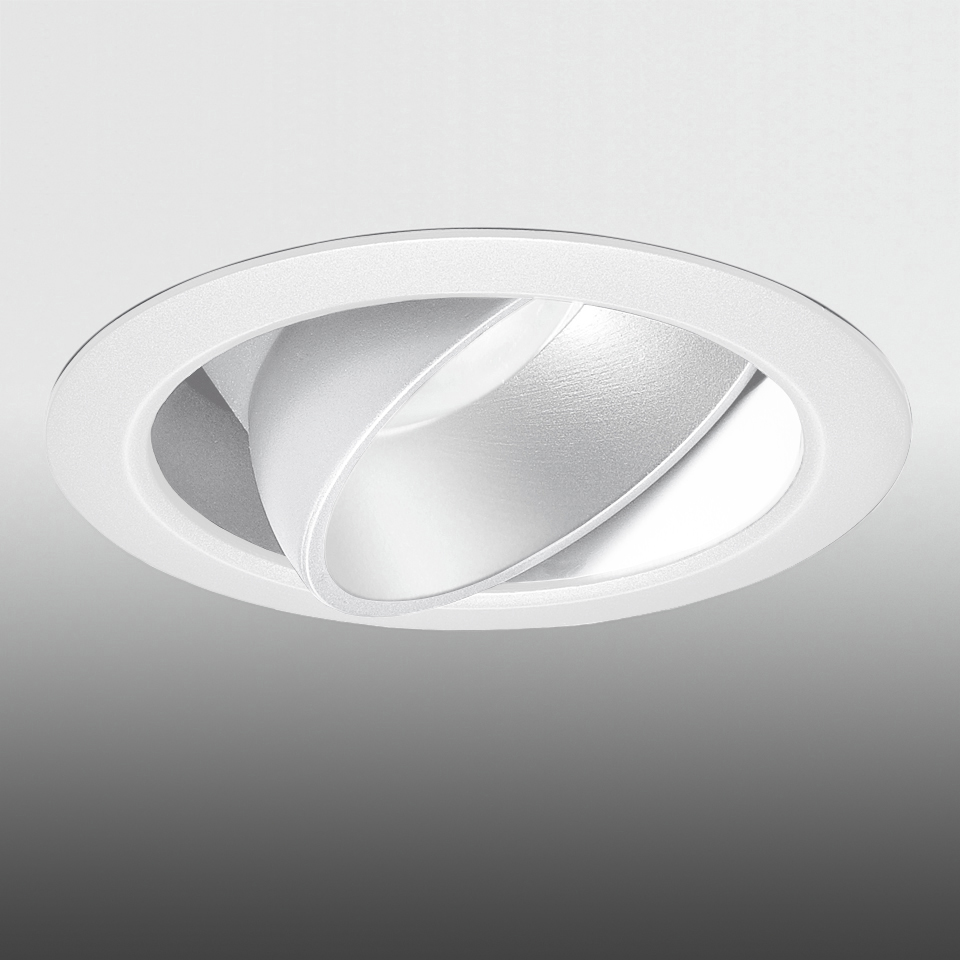 Artemide Parabola 80 recessed ceiling downlight with white round trim and tilted silver parabolic reflector for directional lighting