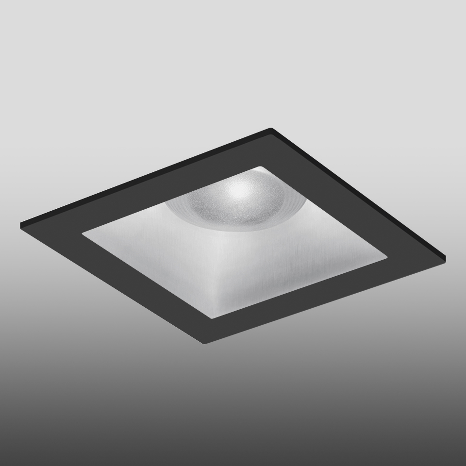 Artemide Parabola 80 square recessed ceiling downlight with black trim and brushed aluminum reflector housing an LED source