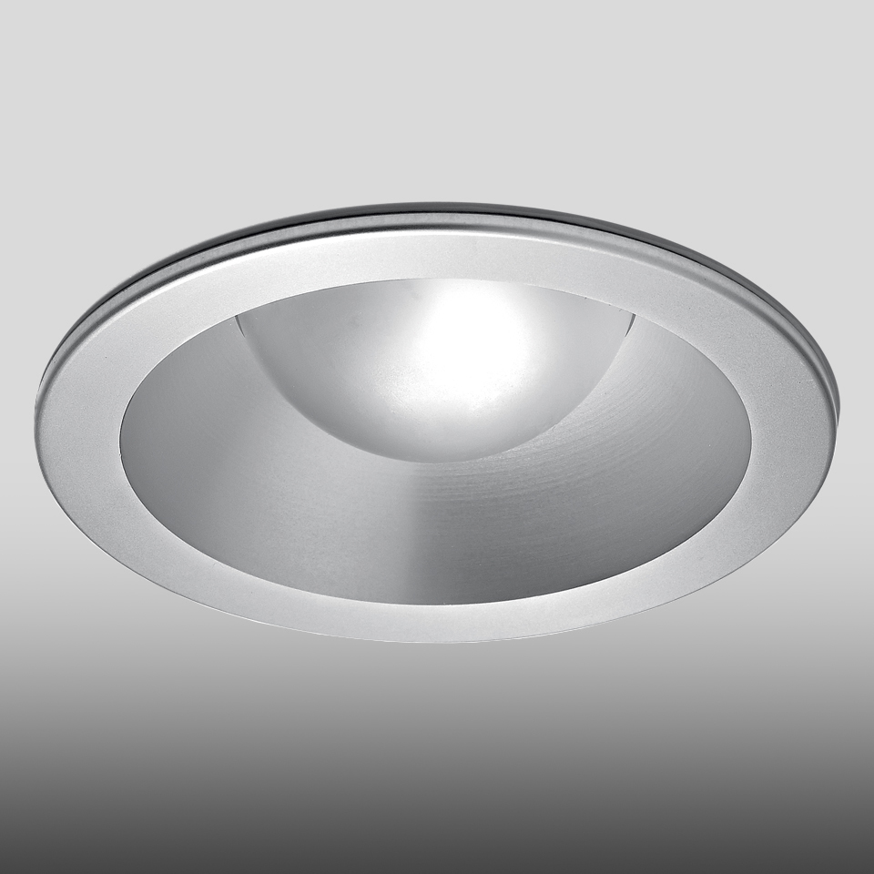 Artemide Parabola 80 recessed ceiling downlight with brushed aluminum circular trim and deep parabolic reflector emitting focused white light