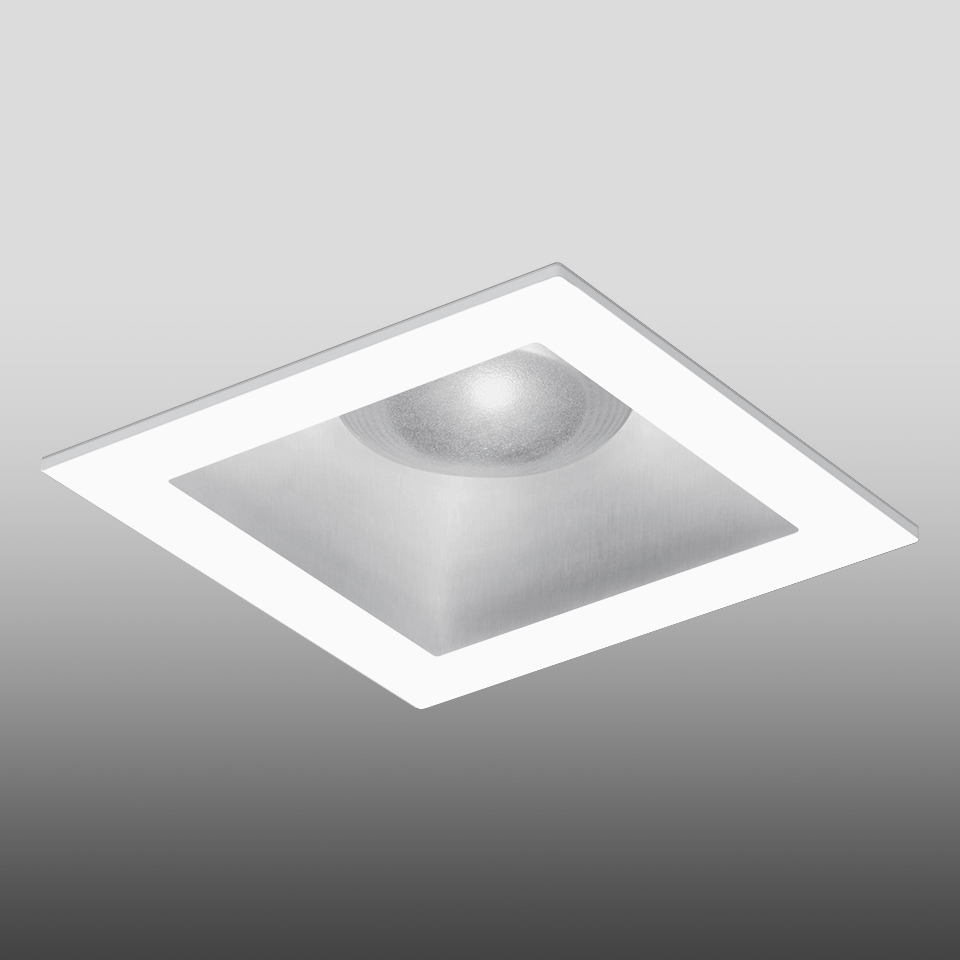 Artemide Parabola 80 square recessed ceiling light with white frame, brushed aluminum reflector, and central LED source