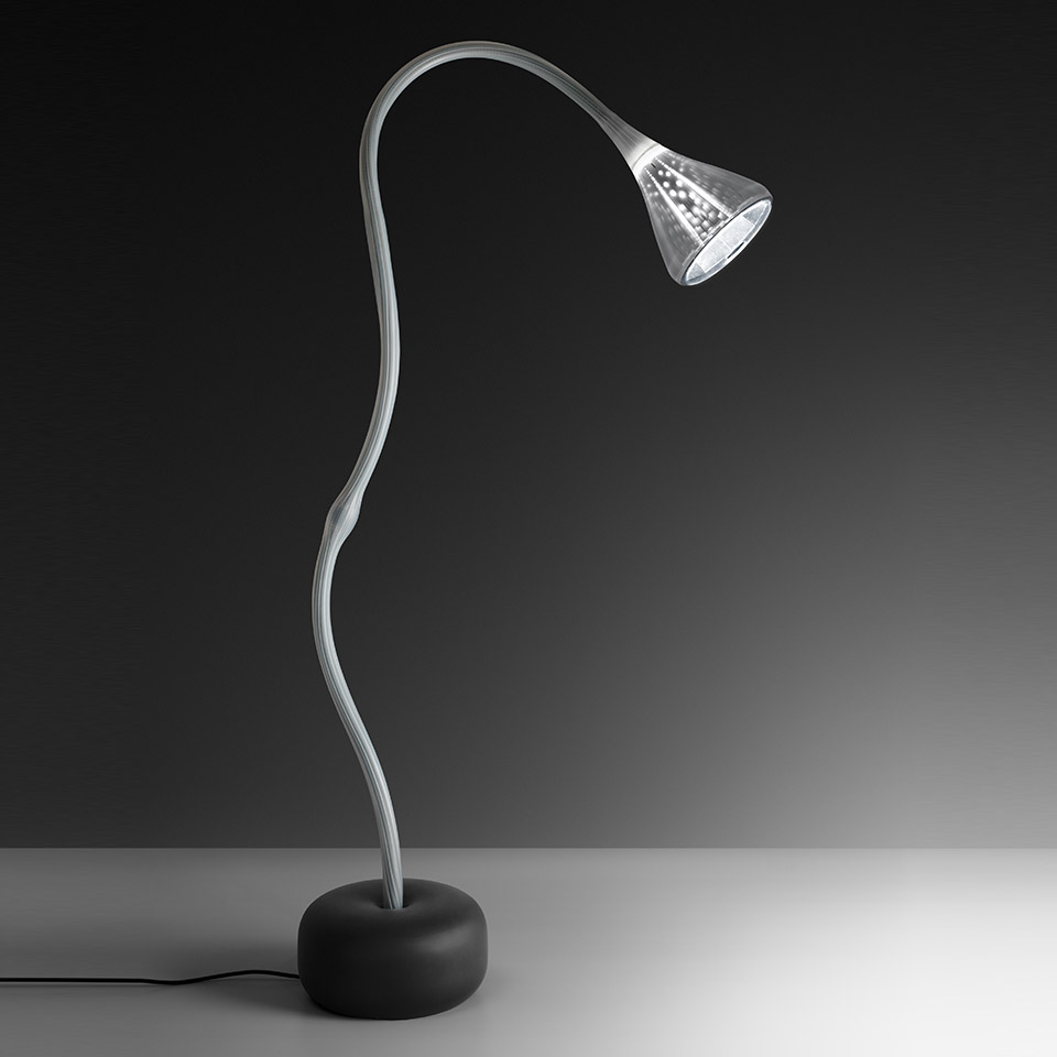 Artemide Pipe Floor lamp: flexible silver stem with conical LED head on a round black base, elegantly curved
