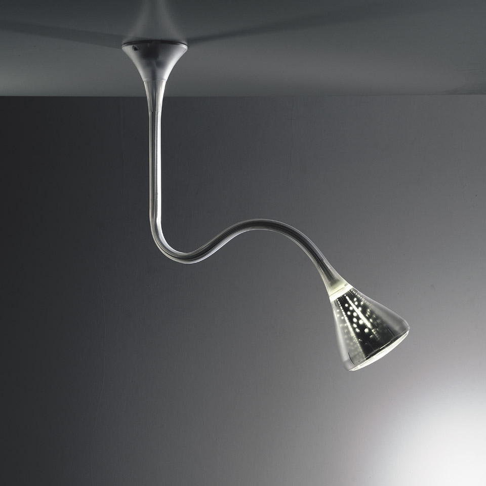 Artemide Pipe Suspension lamp: flexible aluminum arm curves from ceiling mount to adjustable conical LED head, finished in polished silver