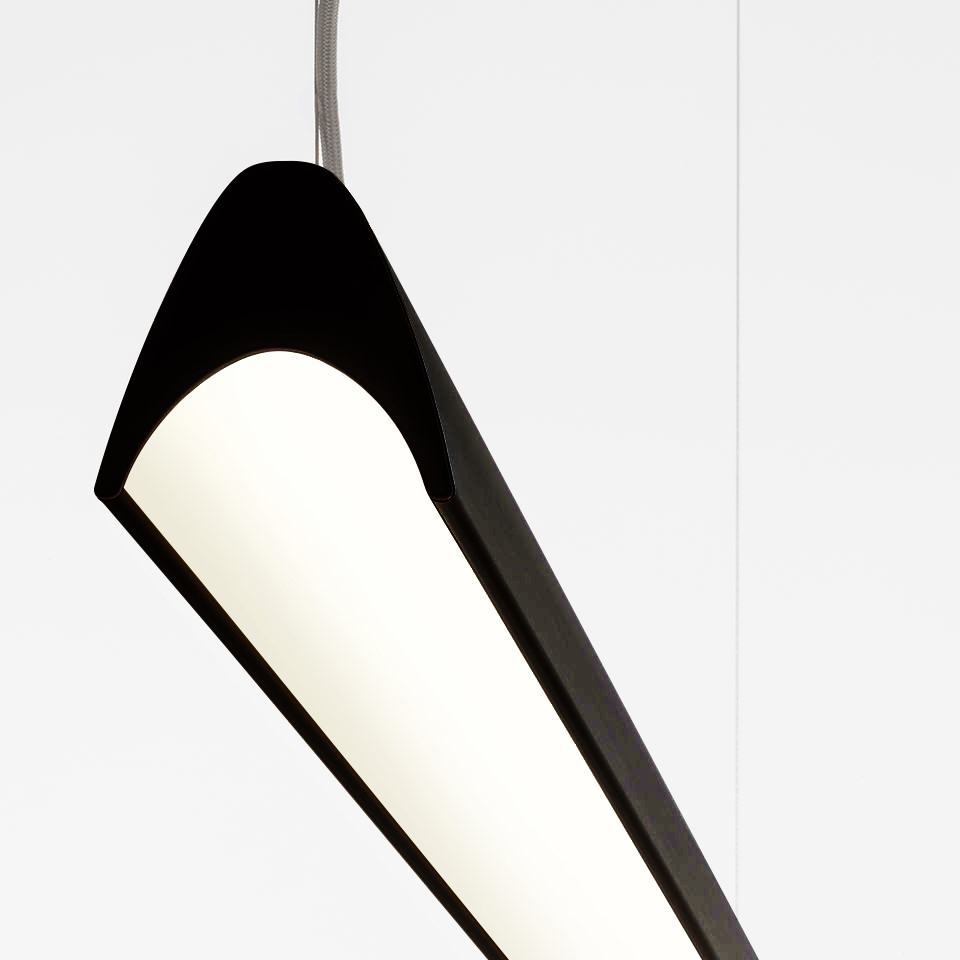 Artemide Series Y pendant lamp in black, featuring a tapered elongated body with a glowing white diffuser, suspended by a cable