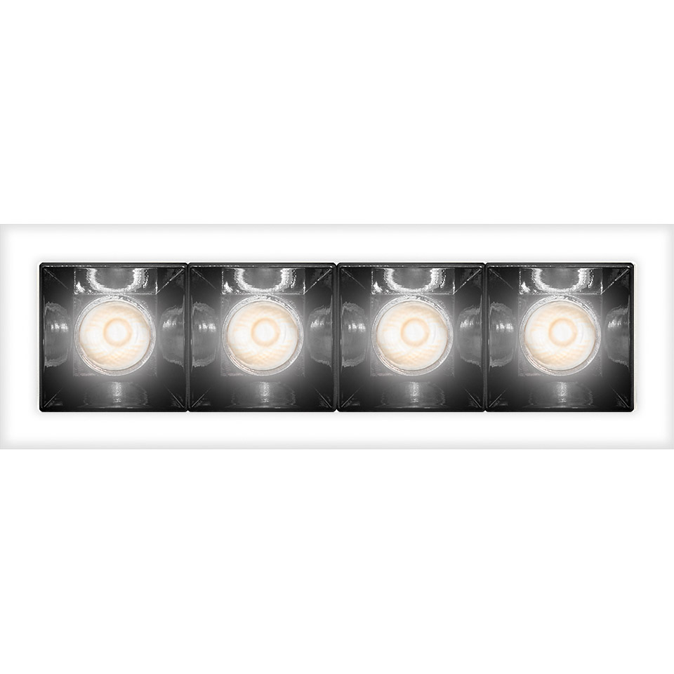 Artemide Sharp Refractive Emission: rectangular recessed fixture with four square LED modules in black reflectors, white trim