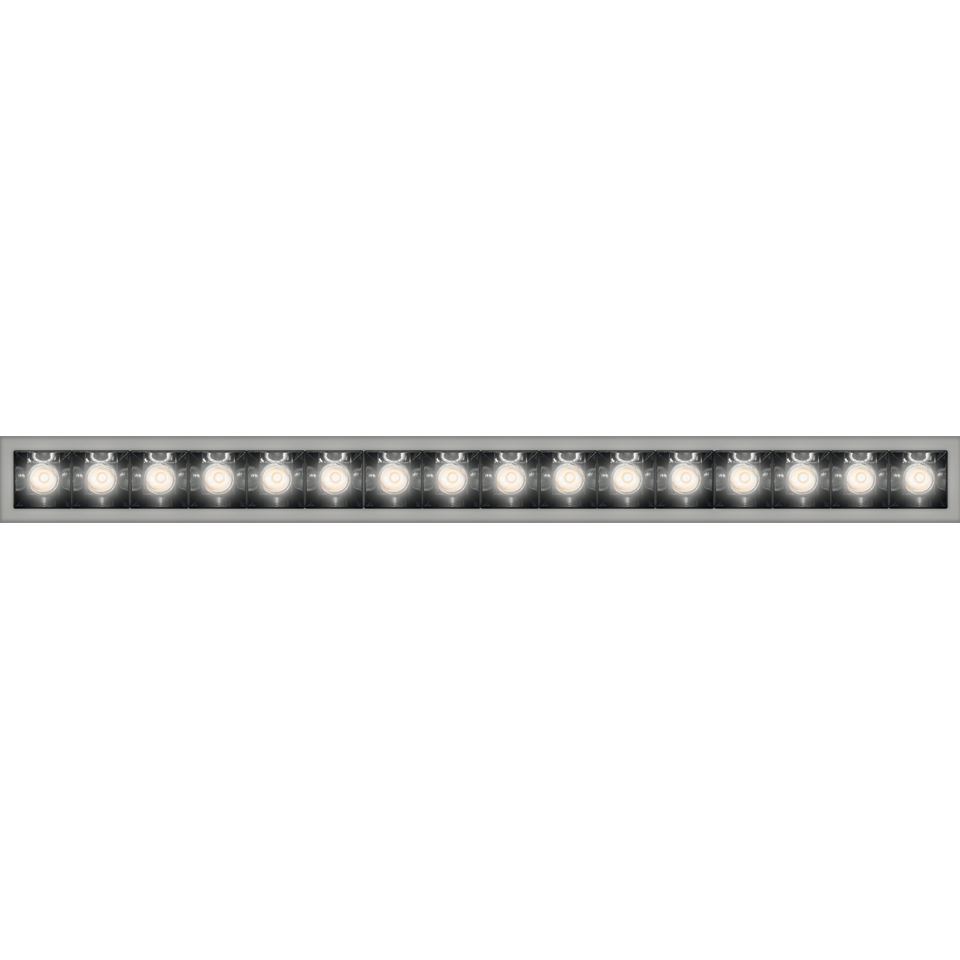 Artemide Sharp recessed linear LED fixture, silver aluminum profile with 20 exposed LED modules, providing uniform directional light