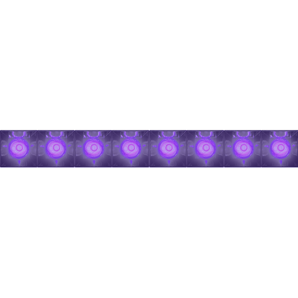 Artemide Sharp LED strip light emitting intense purple light, showing a row of eight circular light modules in a linear arrangement