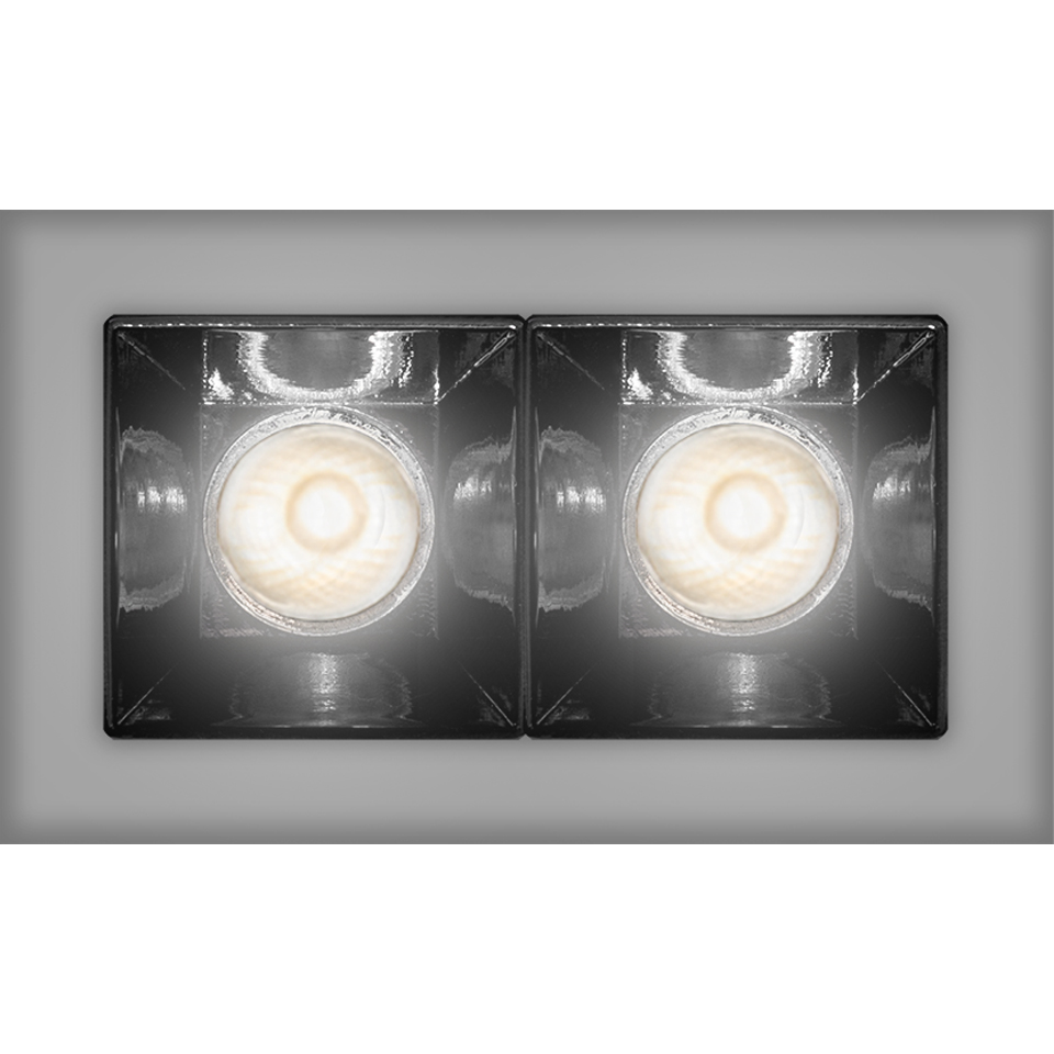 Artemide Sharp recessed ceiling light: double square module with two LED sources in black reflectors, grey trim