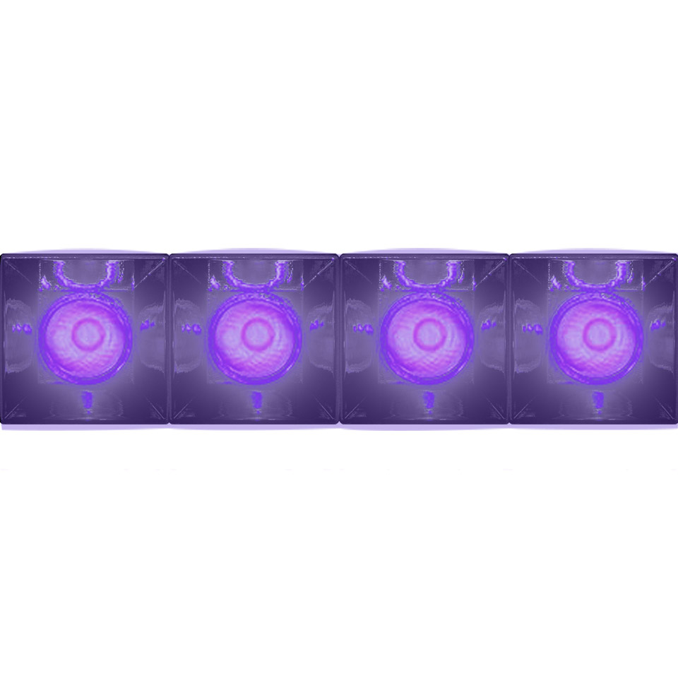 Four Sharp LED luminaires by Artemide arranged in a row, emitting intense purple light with circular diffuser pattern