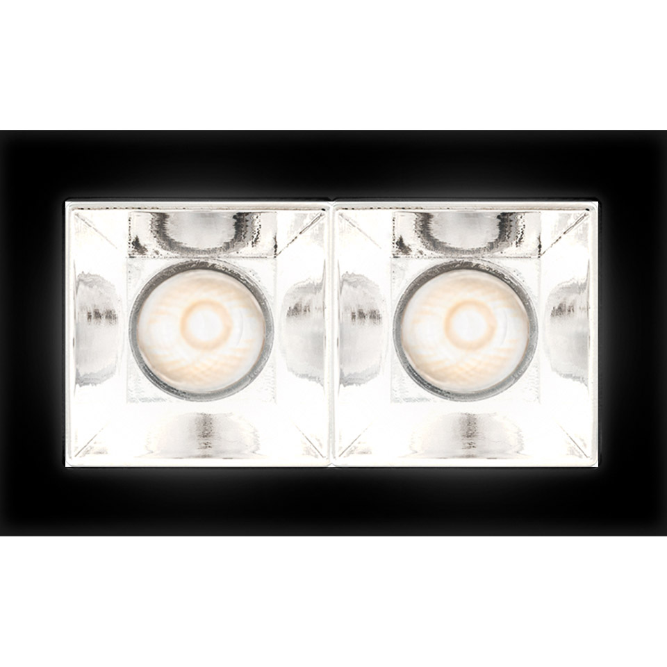 Artemide Sharp recessed ceiling light with two square LED modules featuring reflective faceted trims and warm white light sources on black frame - 2