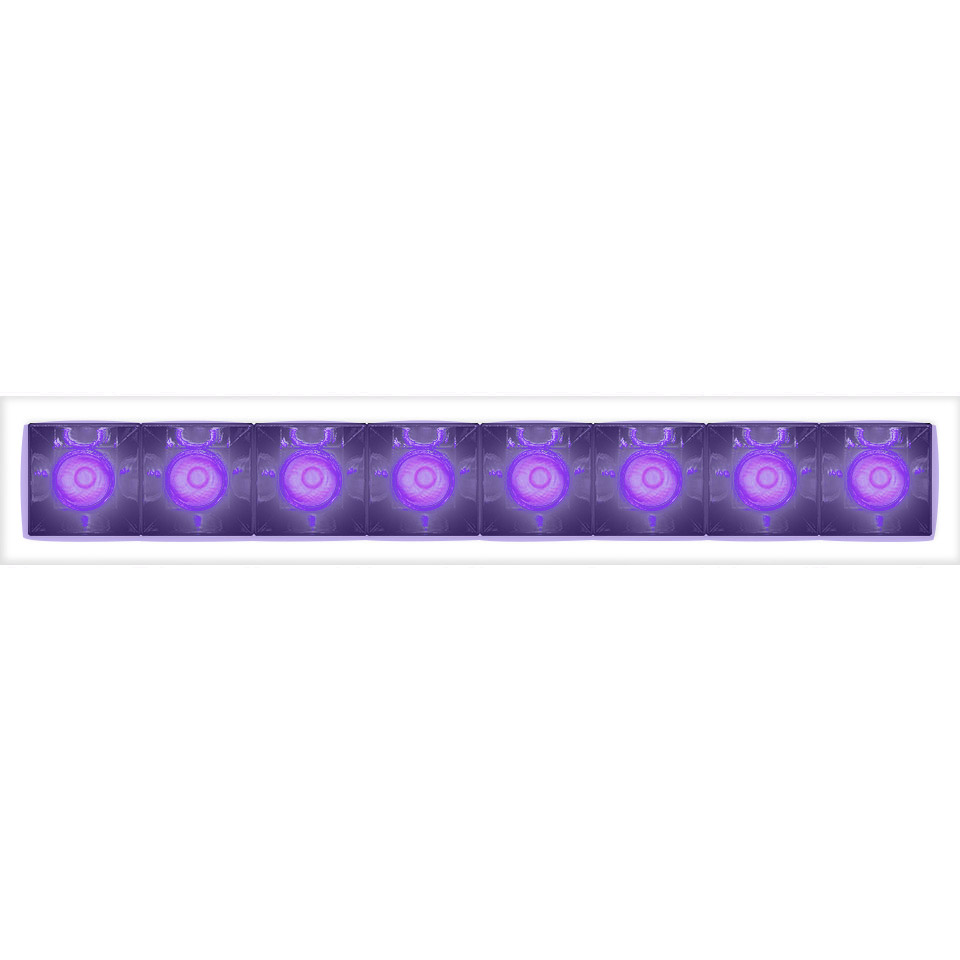 Artemide Sharp linear recessed fixture with seven UV purple LED modules arranged in a row, emitting vibrant violet light