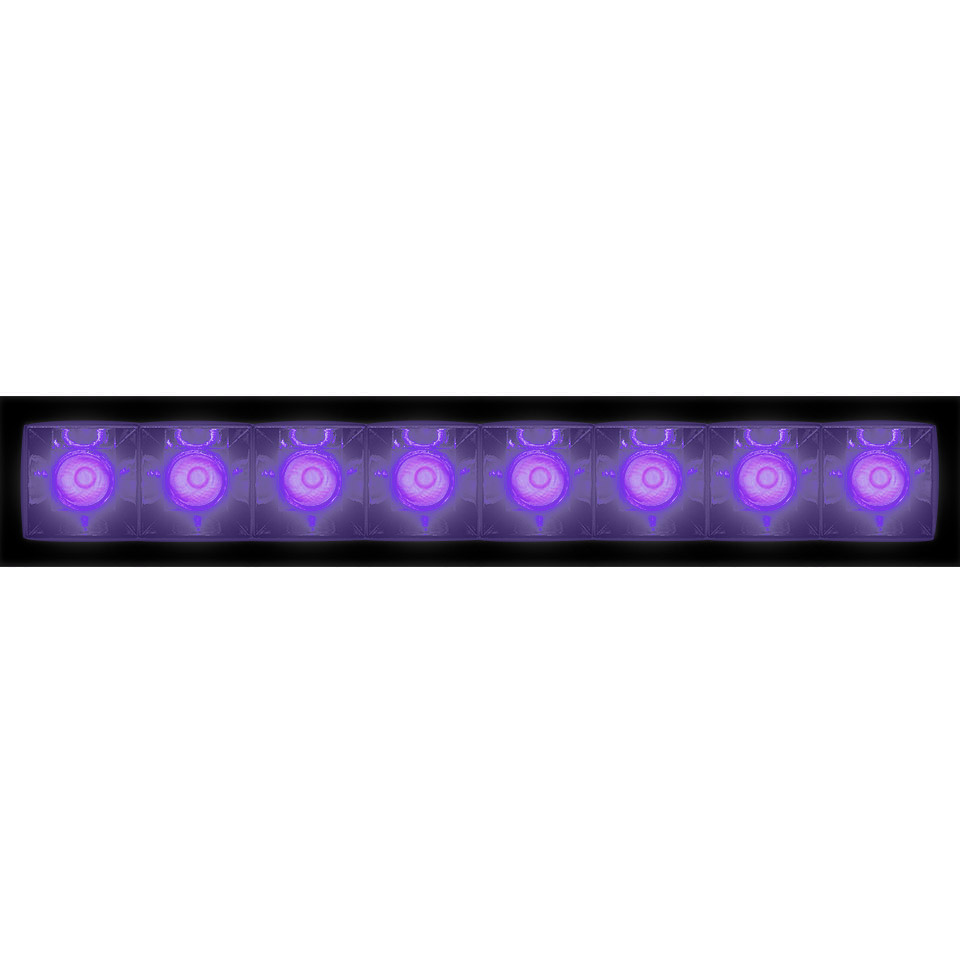 Artemide Sharp LED bar with eight purple UV light modules in a black rectangular housing, viewed from below