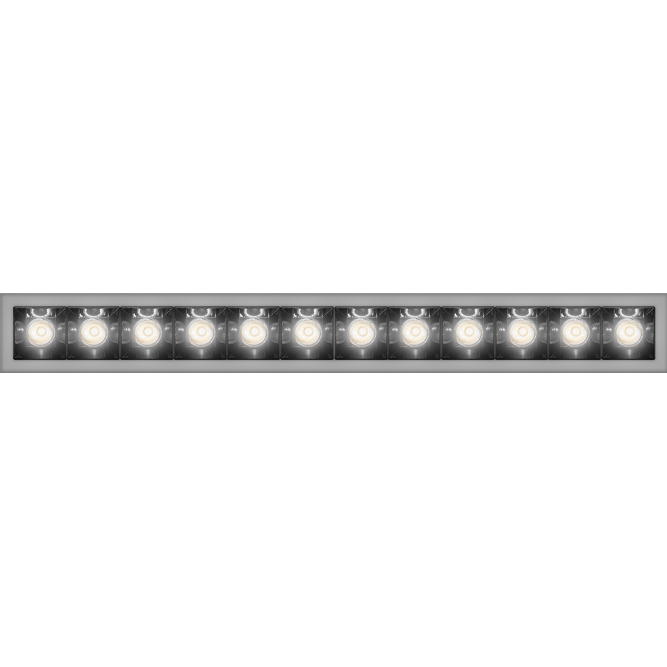 Artemide Sharp recessed LED linear fixture with 12 individual LED modules in a slim silver aluminum housing