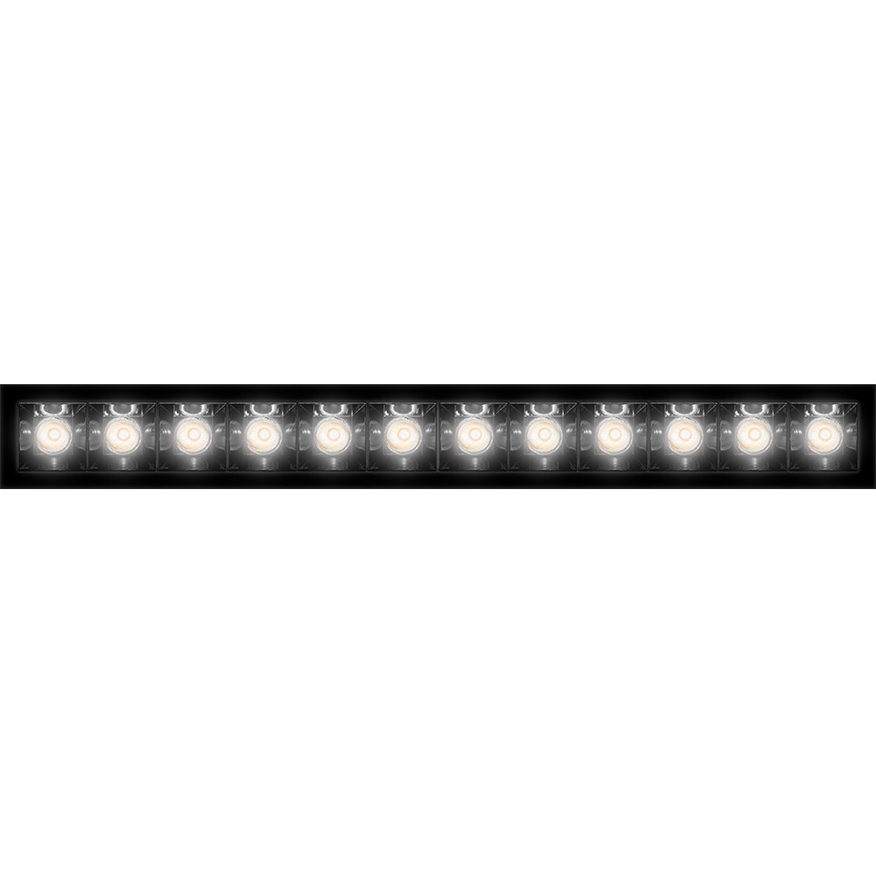 Artemide Sharp LED linear bar with 13 exposed LED modules in a slim black housing, providing direct bright white light