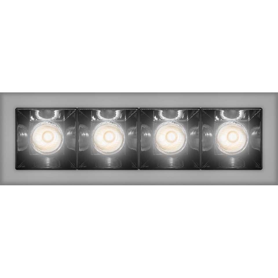 Artemide Sharp Refractive Emission: rectangular recessed ceiling fixture with four square LED spotlights in a gray trim