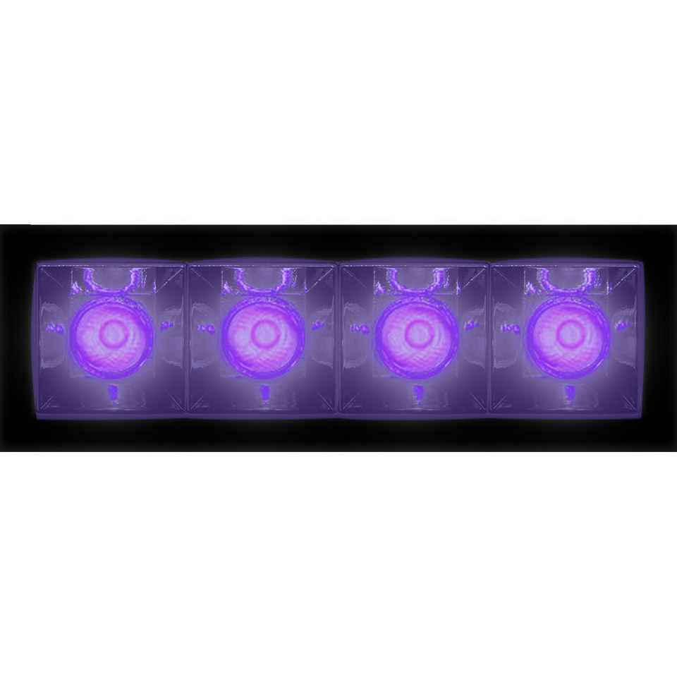 Artemide Sharp LED wall/ceiling light bar with four purple UV light modules in a rectangular black frame