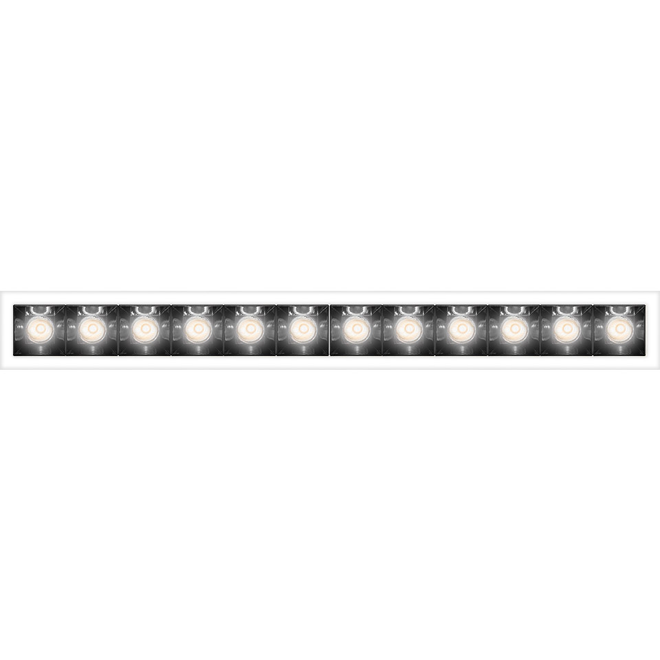 Artemide Sharp Refractive Emission linear fixture with multiple recessed LED spotlights in a white rectangular frame