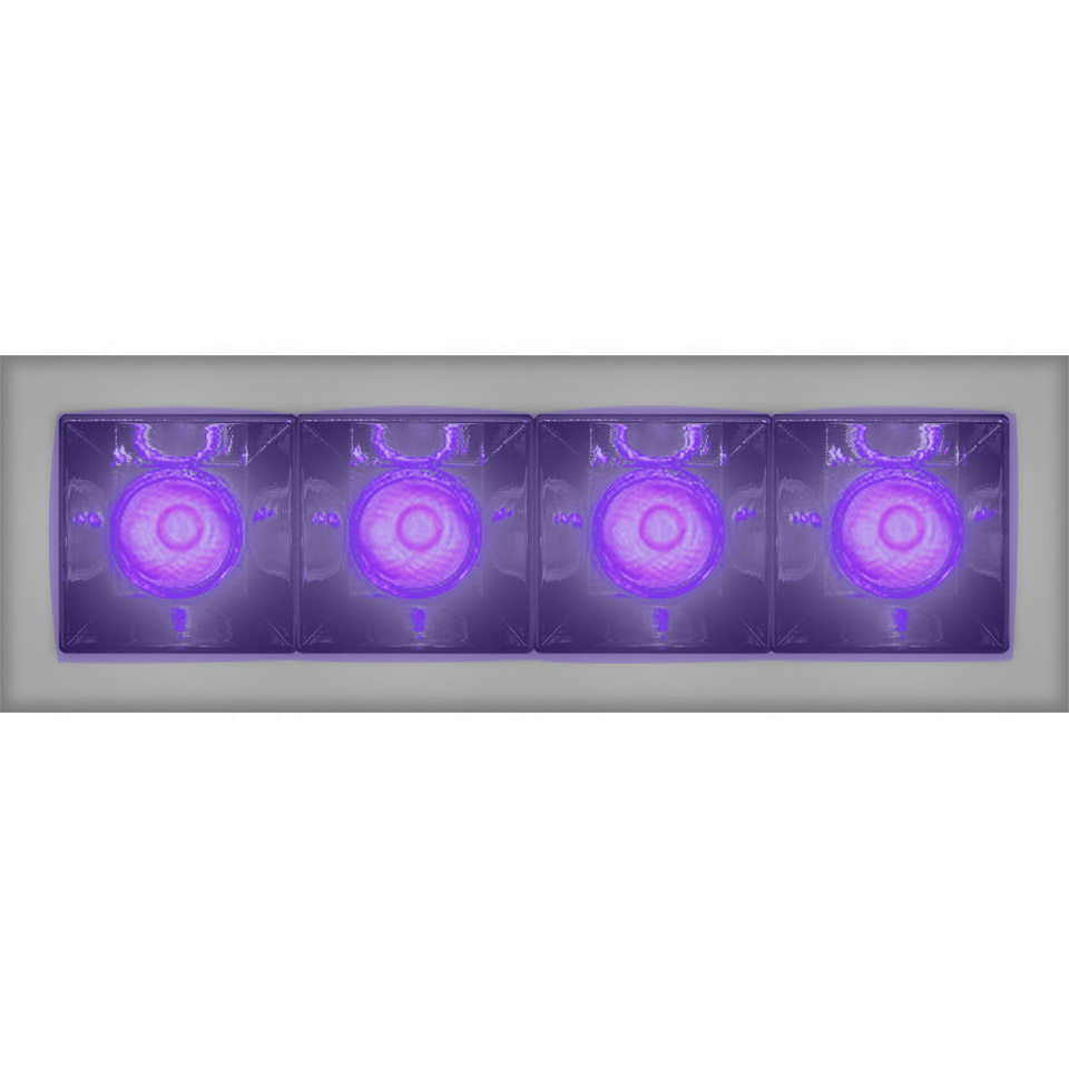 Artemide Sharp LED bar with four square modules emitting intense purple-violet light, mounted in a rectangular gray housing
