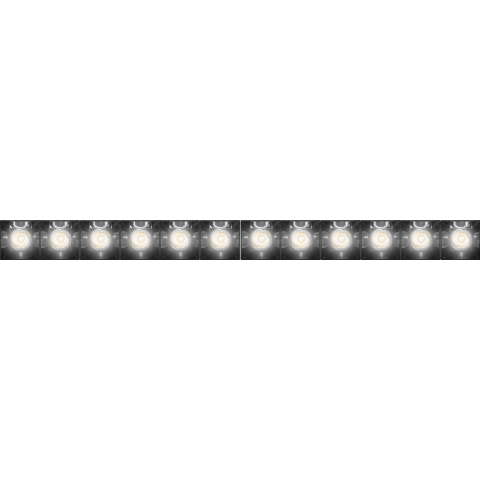 A row of Artemide Sharp recessed LED spotlights emitting bright white light, shown in a linear sequence against a dark background.