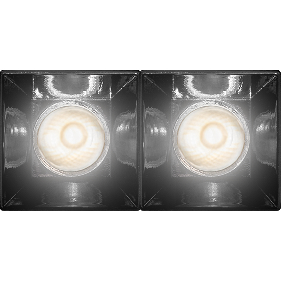 Two Artemide Sharp recessed LED spotlights with square dark reflectors and circular white LED modules emitting bright white light