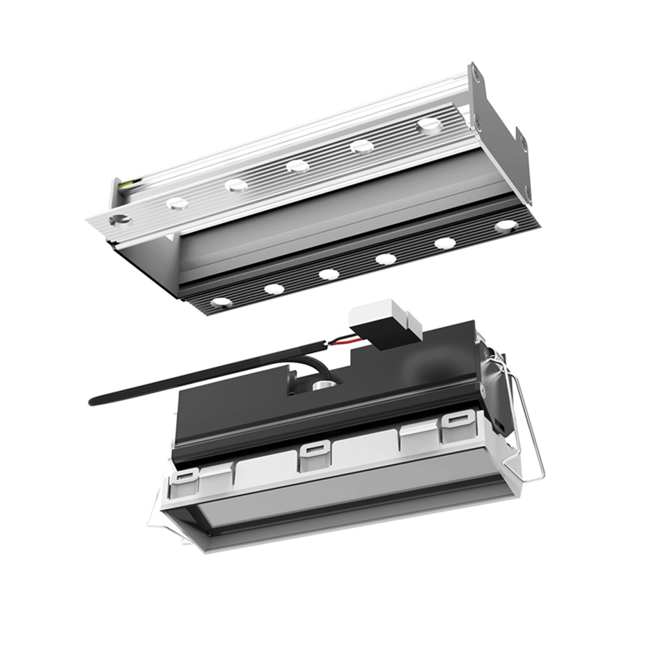 Artemide Sharp Wallwasher recessed LED fixture shown in two views: front with visible LED array, and rear exposing housing and wiring components
