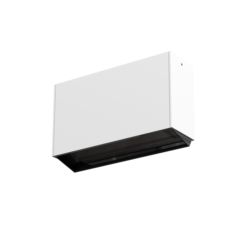 Artemide Sharp Wallwasher SMD: rectangular wall-mounted fixture with white body and black asymmetric reflector for wall washing