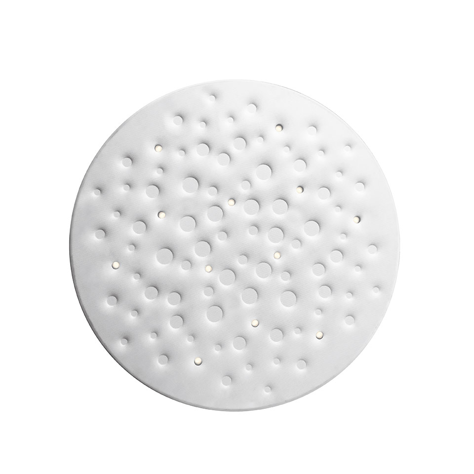 Artemide Silent Field 2.0 round white ceiling lamp with scattered circular perforations of varying sizes and integrated LED points