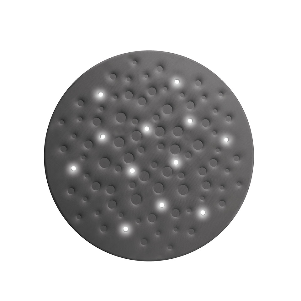 Artemide Silent Field 2.0: round grey ceiling light with textured surface featuring multiple hemispherical cavities and integrated LED points