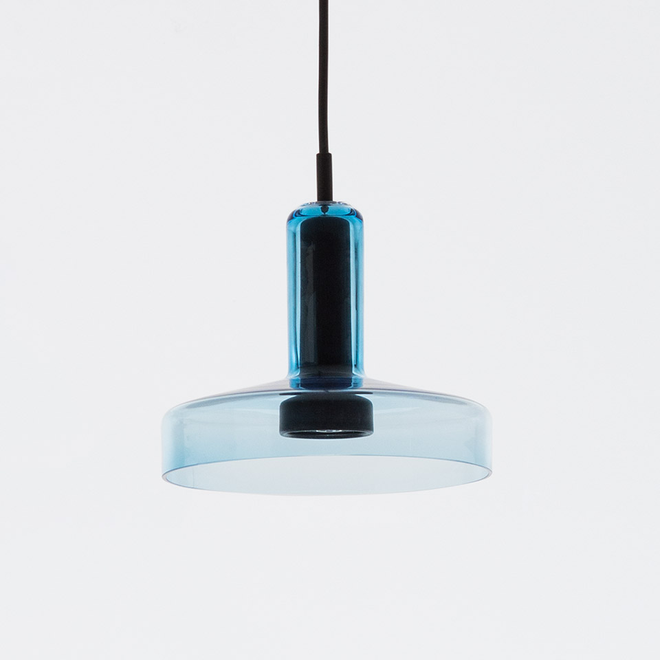 Artemide Stablight pendant lamp: translucent blue glass disc shade with cylindrical stem and black metal fittings on black cord