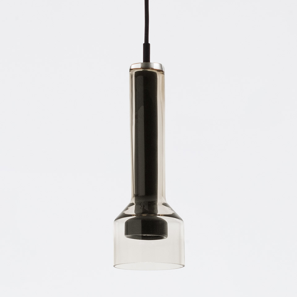 Artemide Stablight pendant lamp: smoked glass cylindrical upper tube and clear glass bell-shaped diffuser, suspended by black cord