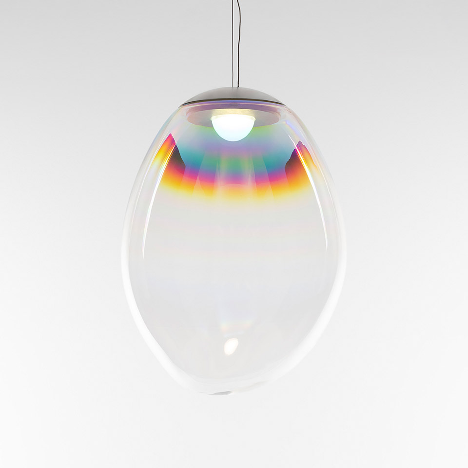 Artemide Stellar Nebula pendant lamp: oval clear glass diffuser with iridescent rainbow band and LED light source on steel cable