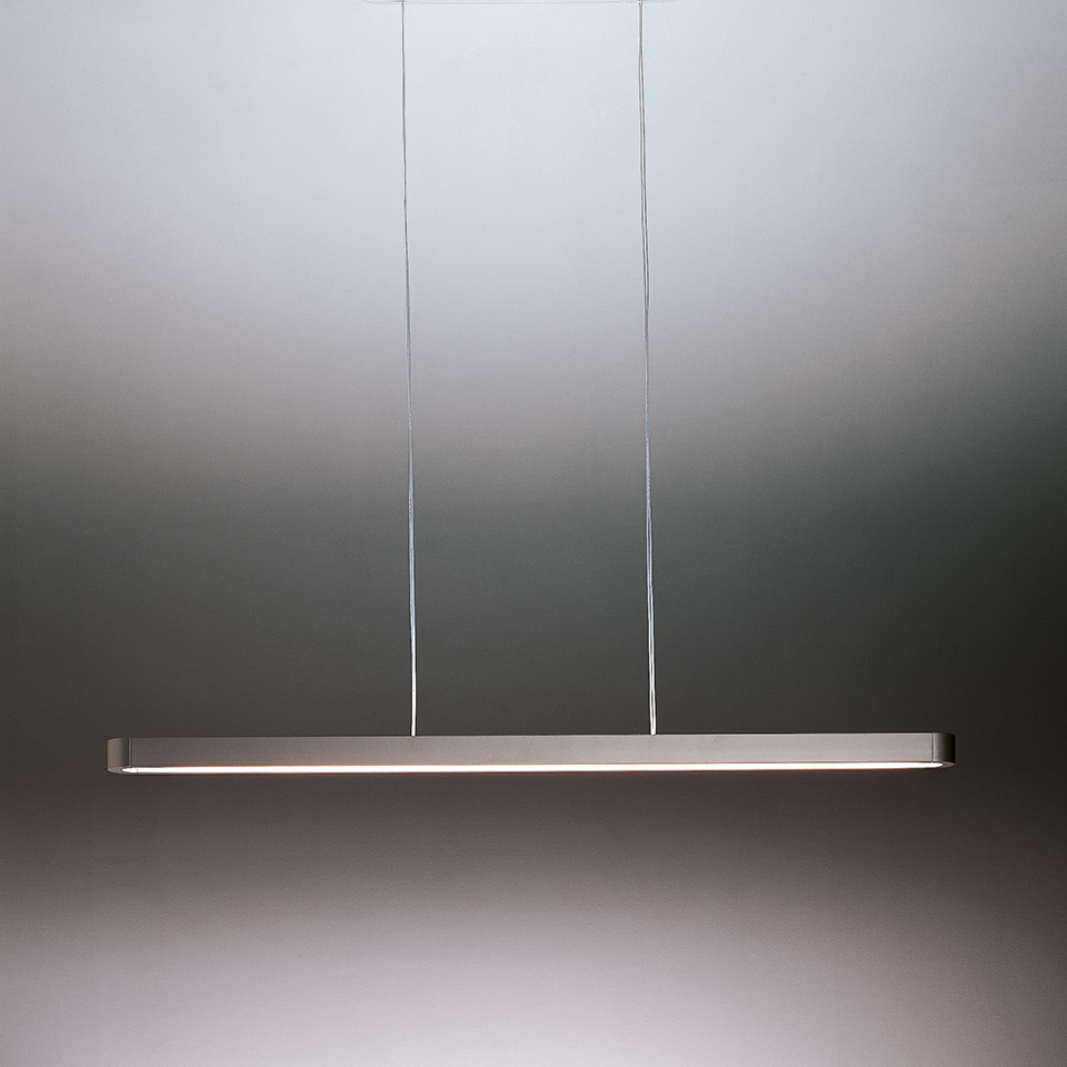 Talo suspension pendant lamp by Artemide: slim horizontal aluminum bar emitting diffused light, hung by two thin cables