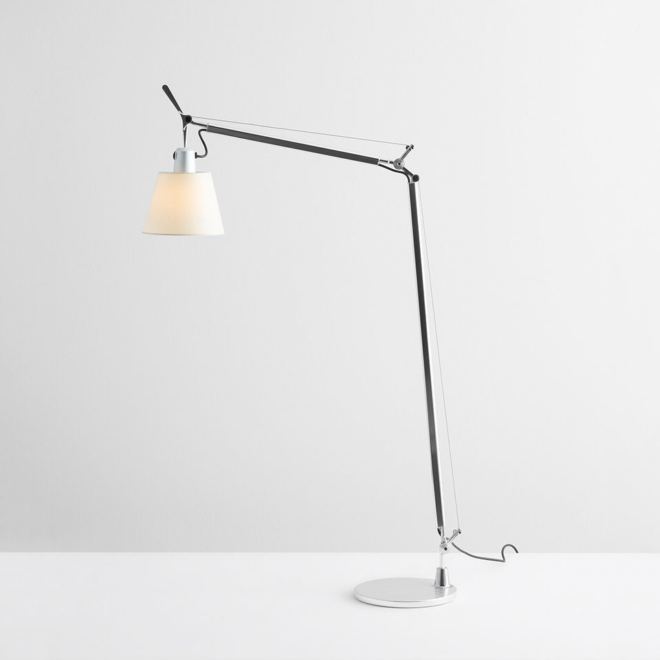 Artemide Tolomeo Basculante Reading Floor lamp: adjustable aluminum arm, white conical shade, circular base, minimalist design