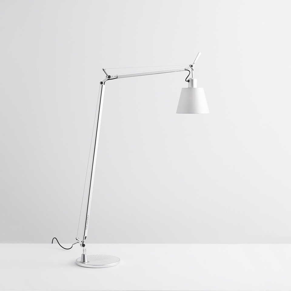 Artemide Tolomeo Basculante Reading Floor lamp: adjustable aluminum arm with conical white shade on circular base