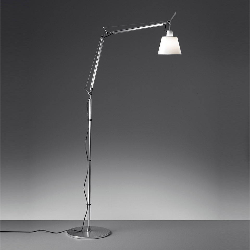 Artemide Tolomeo Basculante Terra floor lamp with adjustable aluminum arm and white conical fabric shade on circular base