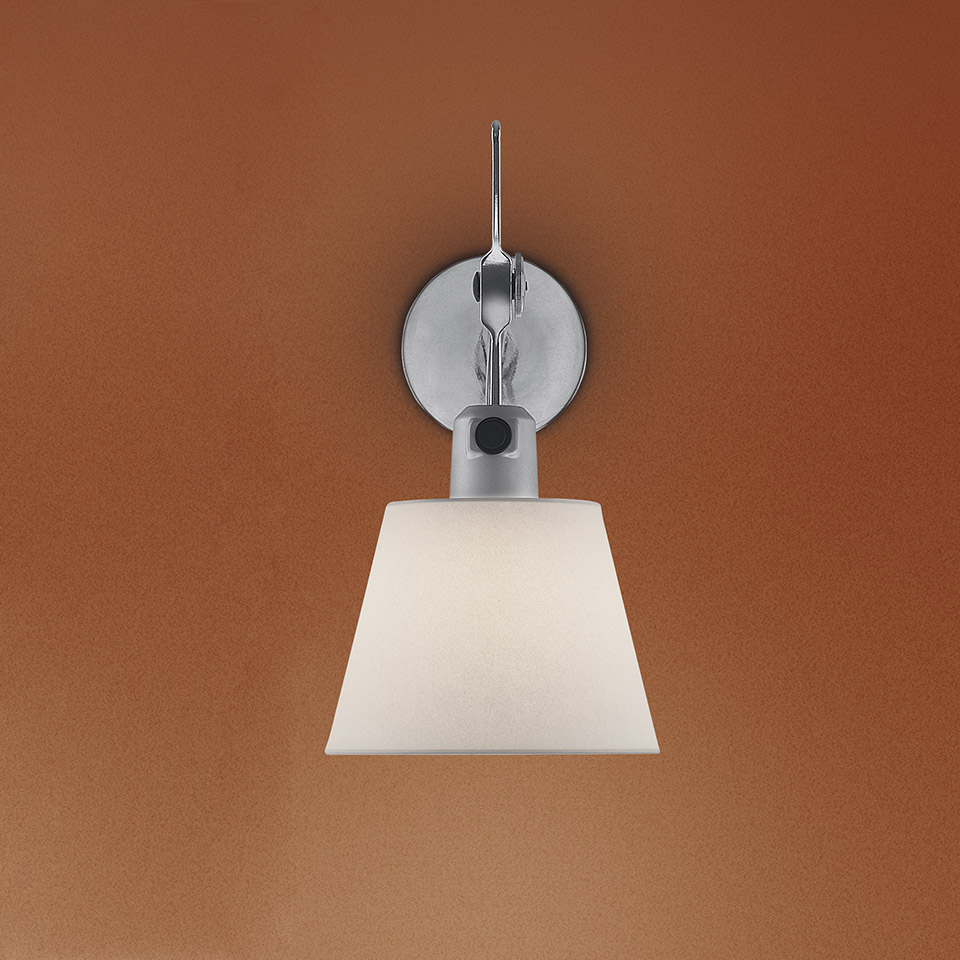 Artemide Tolomeo Parete wall lamp with white conical fabric shade and polished chrome arm and circular wall mount