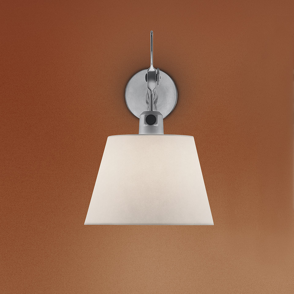 Artemide Tolomeo Parete wall lamp with white conical fabric shade and polished chrome circular wall mount bracket