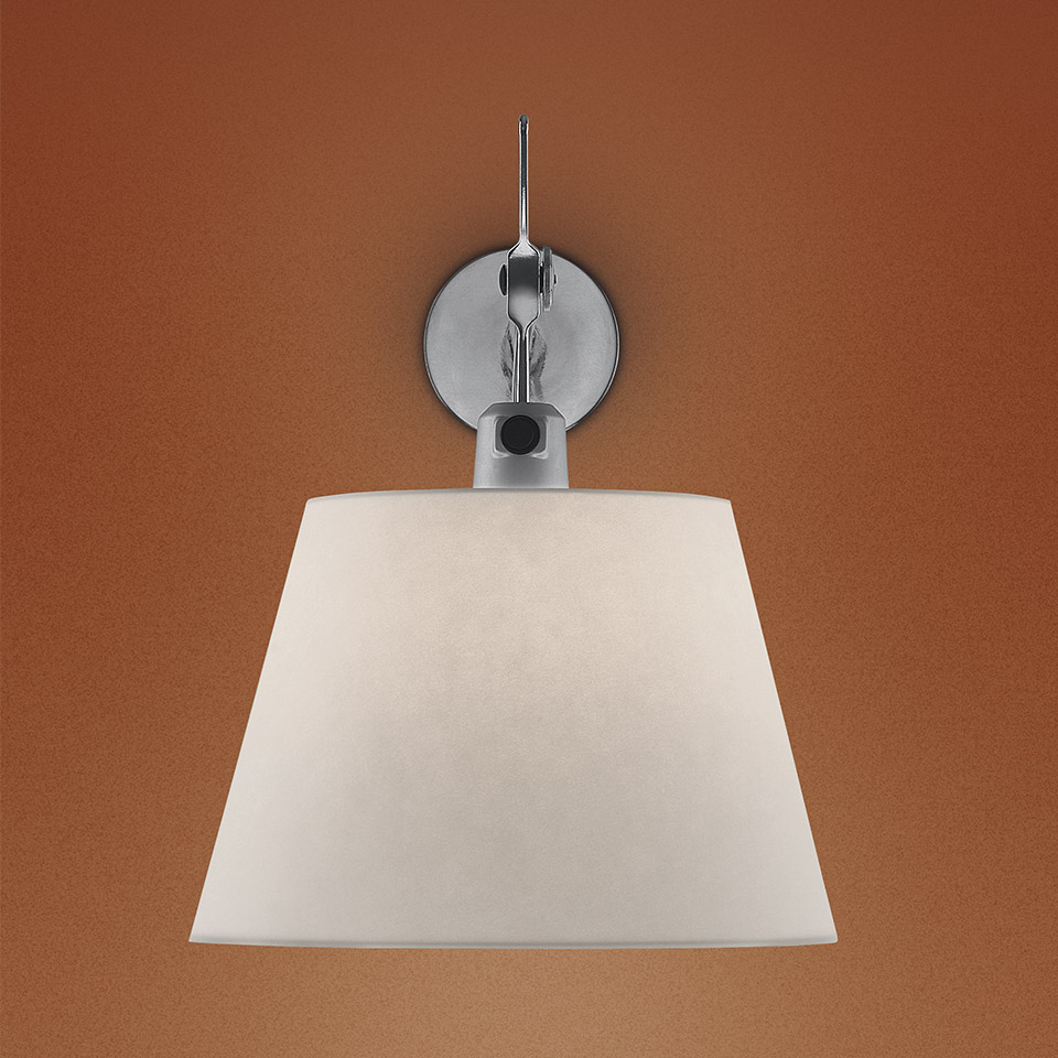 Artemide Tolomeo Parete wall lamp with white conical fabric shade and polished chrome circular wall mount bracket