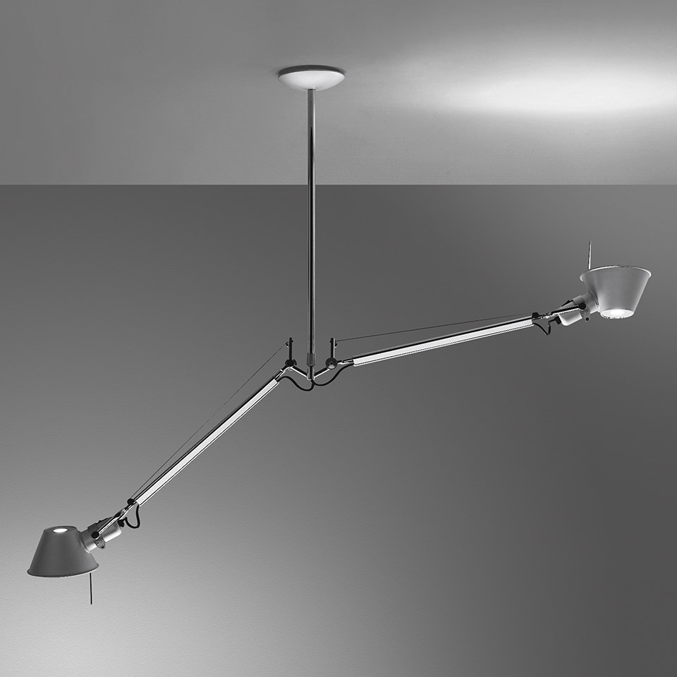 Artemide Tolomeo Due Bracci Sospensione: ceiling-mounted double-arm adjustable lamp with two conical shades on articulated aluminum arms